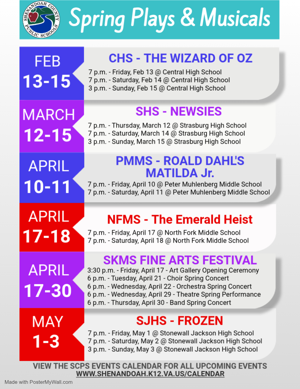SCPS Spring Plays & Musicals Schedule